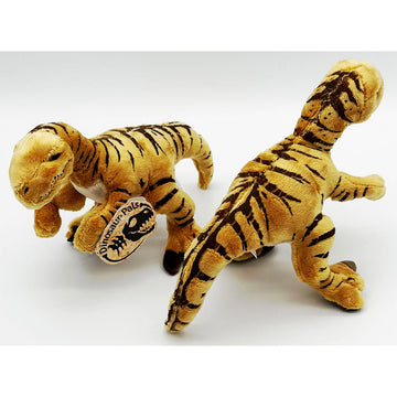 Two velociraptor soft toys showing the front and back.