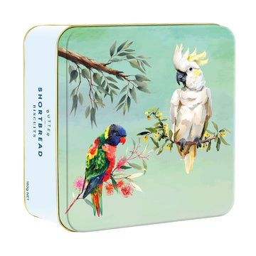 A square tin with an illustration of a cockatoo and rainbow lorikeet.