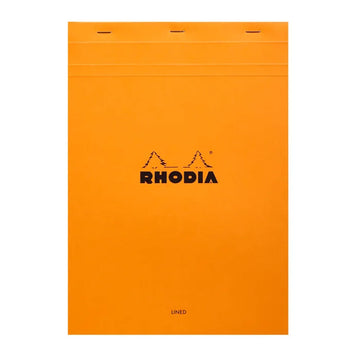 Front of an orange notepad with the text 'Rhodia' and a line drawing of two trees.