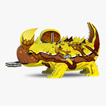 Cardboard model of a thorny devil lizard with a yellow and brown color scheme on a white background.