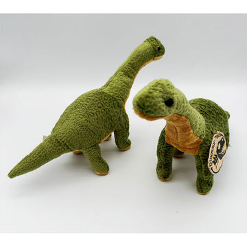 Two brachiosaurus soft toys pictured showing the front and back. 