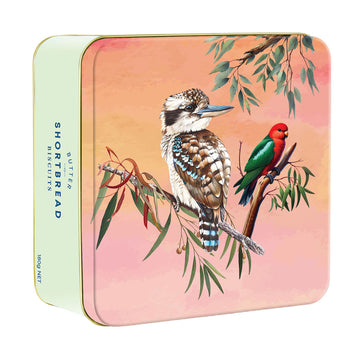 A square tin with an illustration of a kookaburra and red and green bird on branches.