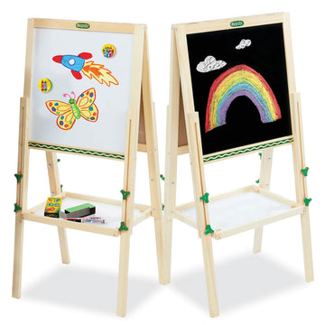 Two wooden children's easels with white and black boards, colorful drawings, and a shelf.