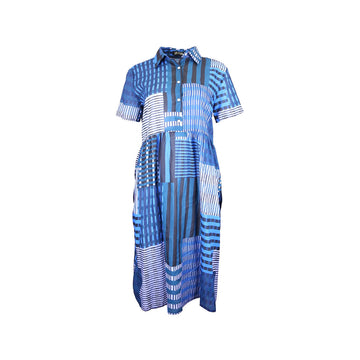 A short sleeve shirt dress in a blue patchwork print.