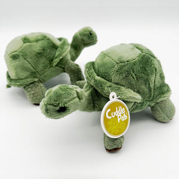 Two tortoise soft toys pictured showing two different sides.