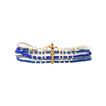Set of blue and gold beaded bracelets on a white background.