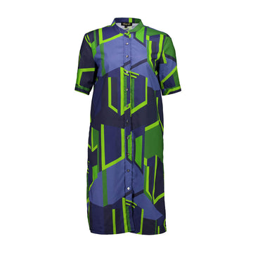 A shirt dress printed with a blue and green geometric pattern.