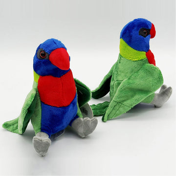 Two lorikeet soft toys pictured showing two different sides.