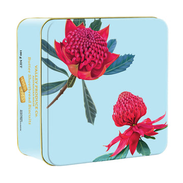 A square tin illustrated with two waratah flowers.