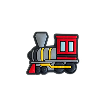 A PVC shoe charm shaped like a train.