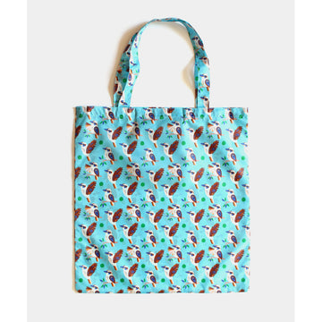 A reusable shopping bag in light blue illustrated with a repeat pattern of kookaburras.