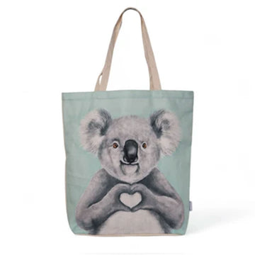 A tote bag with an illustration of a koala making a heart with its paws.