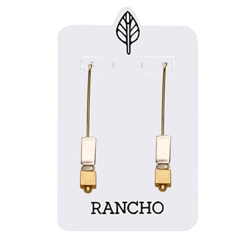 Gold and silver earrings on a Rancho branded card.
