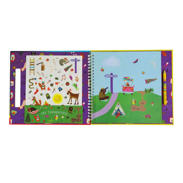 'Transfer Fun!' book cover featuring an illustration of different animals camping with a cut out in the cover showing a pencil inside.