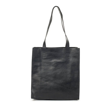 Black leather tote bag on a white background.