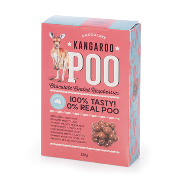 Box titled 'Chocolate Kangaroo Poo' with kangaroo illustration and text on a white background