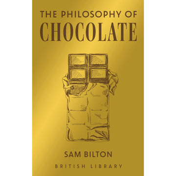 'The Philosophy of Chocolate' book cover featuring a line drawing of a chocolate bar with the wrapper peeling off on a gold background.