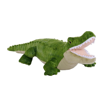 An alligator shaped soft toy with its mouth open.