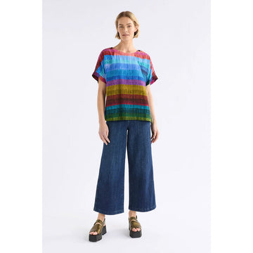 A women's short sleeve top with a multi-coloured horizontal stripe print.