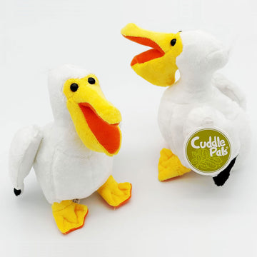 Two pelican soft toys pictured showing two different angles.