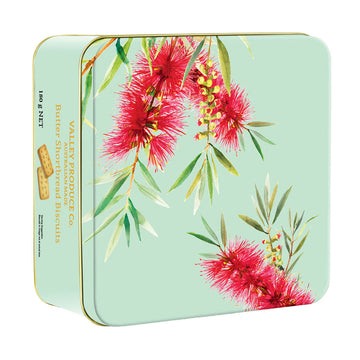 A square tin illustrated with bottlebrush flowers.