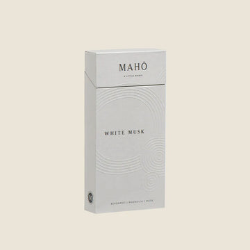 A light grey box titled 'Maho White Musk' against a cream background.