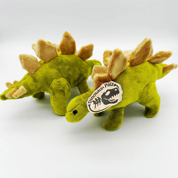 Two stegosaurus soft toys showing the front and back view.