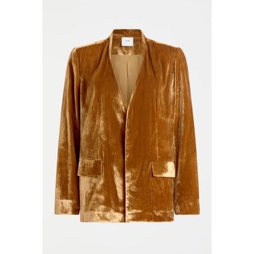 Brown velvet blazer on a white background.