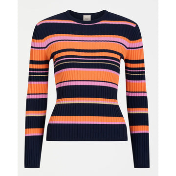 Striped sweater with orange, pink, and navy colors on a white background.