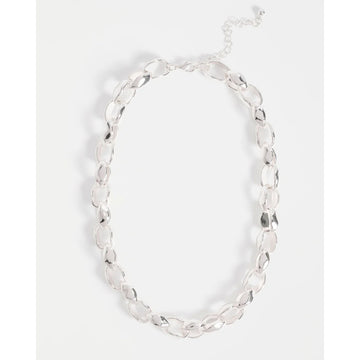 Silver necklace with oval chains on a white background.