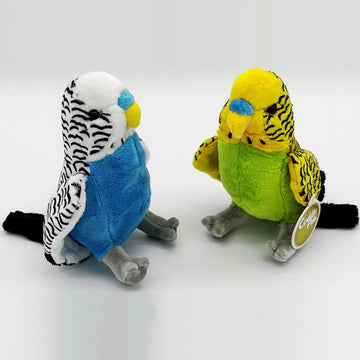 Two budgie soft toys pictured in blue and green.