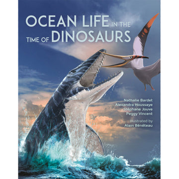 'Ocean life in the time of dinosaurs' book cover featuring an illustration of an animal jumping out of the water with a flying animal next to it.