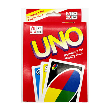 A red box titled 'UNO' with an illustration of three uno cards.
