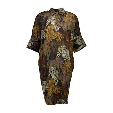 Front view of a dress with a button up collar and printed with illustrations of leopards.