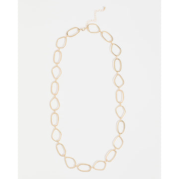 Gold chain necklace on a white background.