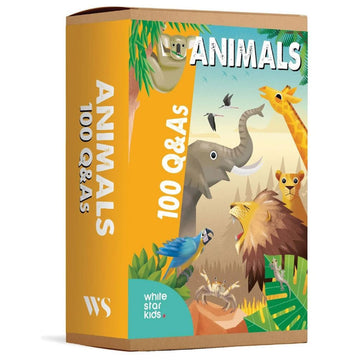 A box titled 'Animals 100 Q&s' with illustrations of animals including an elephant, giraffe and a lion.