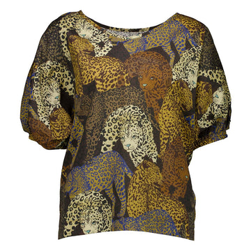 Front view of a women's top printed with illustrations of leopards in a brown colour scheme.
