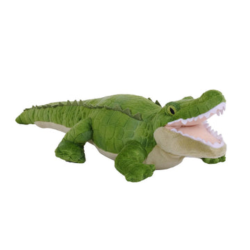 An alligator shaped soft toy with its mouth open.