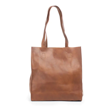 Brown leather tote bag on a white background.