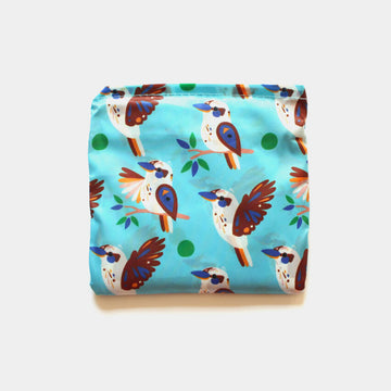 A reusable shopping bag in light blue illustrated with a repeat pattern of kookaburras.