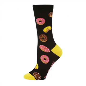 A black sock illustrated with pink brown and pink donuts.