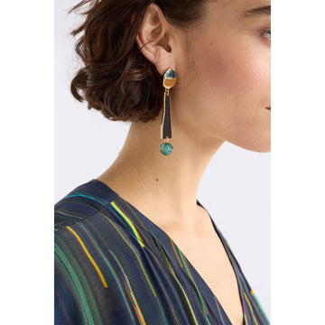 Pair of drop earrings with colorful geometric design on a white background.