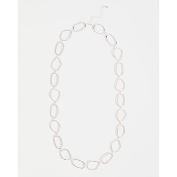 Silver chain necklace on a white background.
