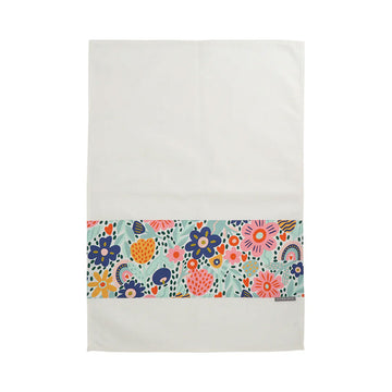 A white cotton tea towel with a strip of blue, pink and yellow flowers on the bottom half.