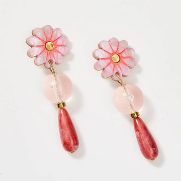 A pair of drop earrings in pink with a flower at the top followed by a round bead and tear drop bead.