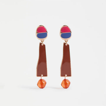 Pair of drop earrings with colorful geometric design on a white background.