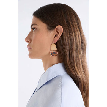 Gold earrings with tortoiseshell half-circle design on a white background.