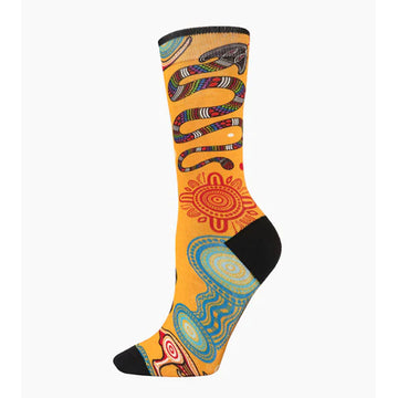 A yellow orange sock illustrated with Aboriginal artwork of a serpent, kangaroo and circular designs.