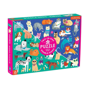 Two-sided puzzle box with illustrations of cats and dogs on a blue background.