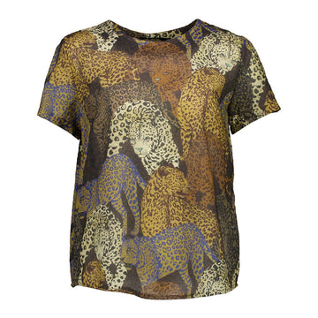 Front view of a women's top illustrated with leopards in a brown colour scheme.